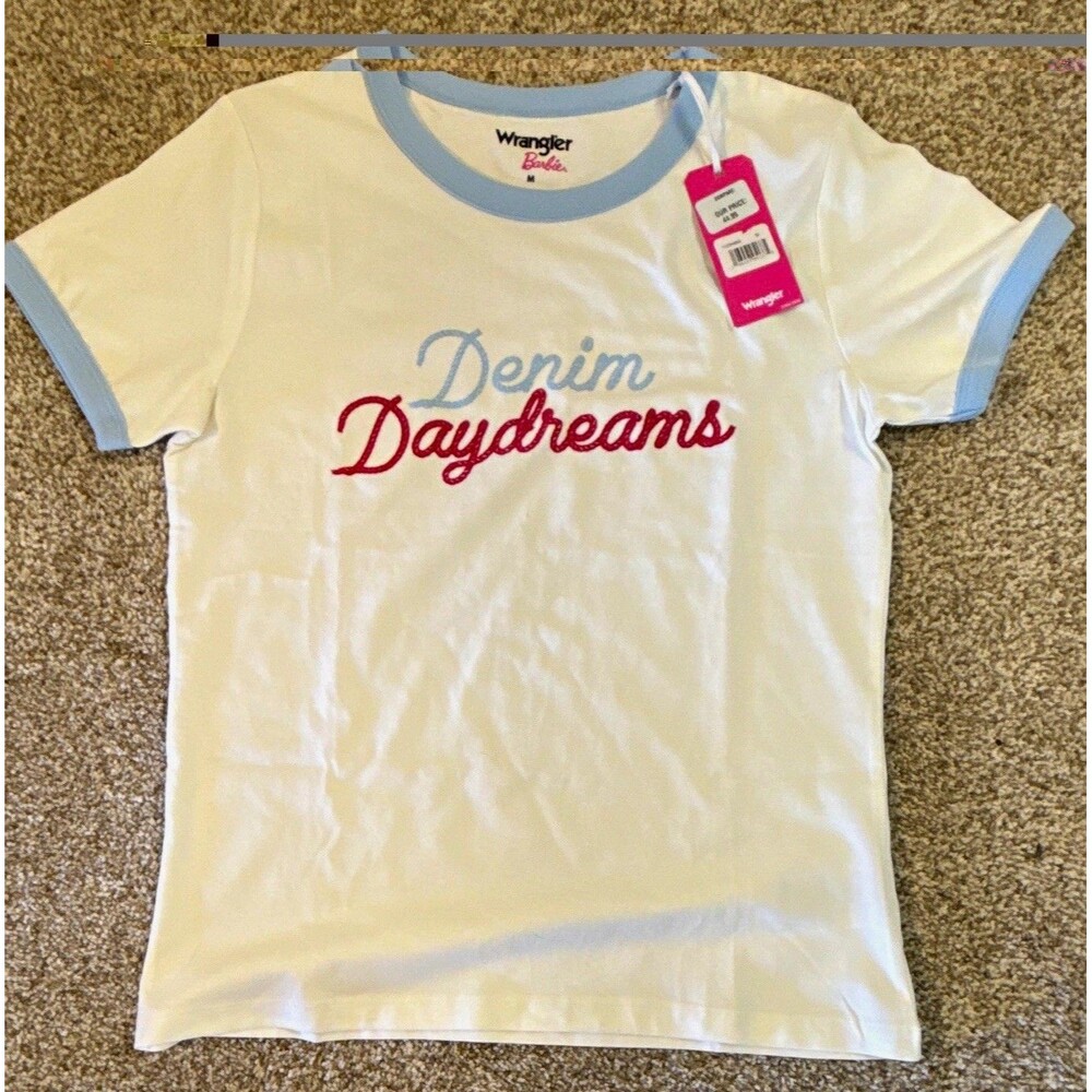 Wrangler Women's Barbie Denim Daydreams White/Blue Ringer T-Shirt M